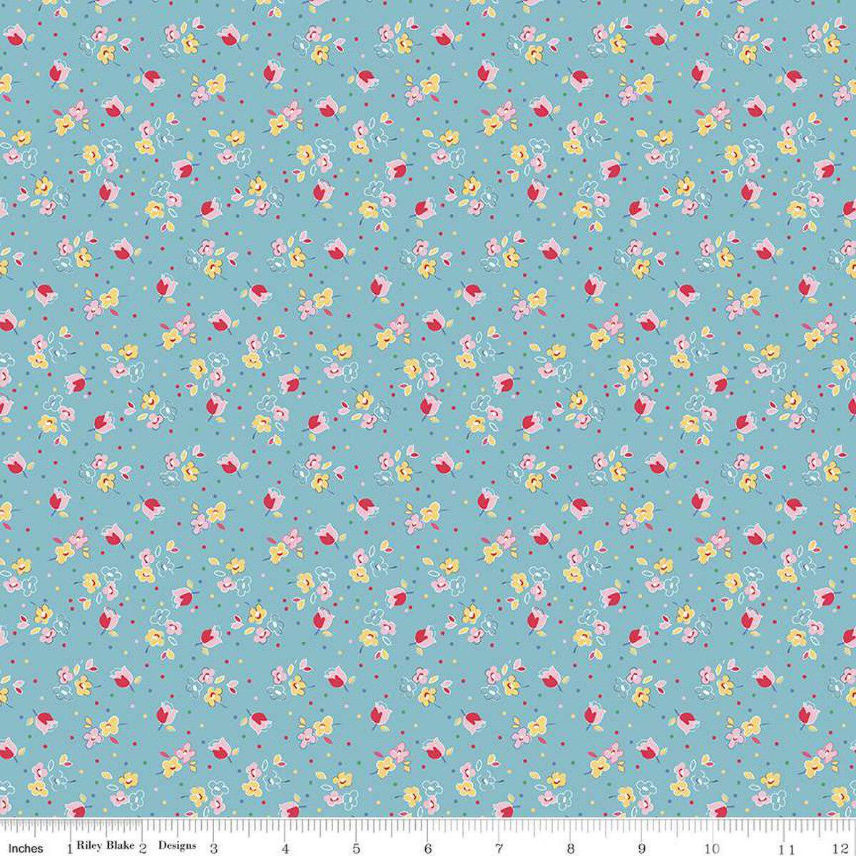 Image of the Simple Pleasures Calico Sweet Rose Aqua quilting cotton fabric by American Jane Riley Blake Designs. Features flowers on a blue background. Cute Little Fabric Shop