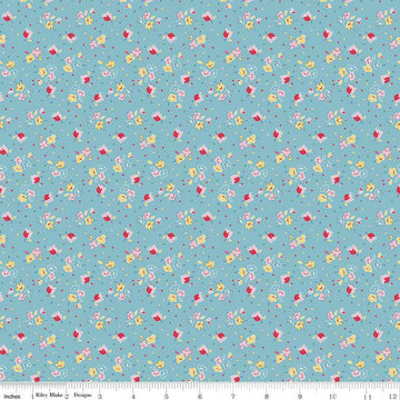 Image of the Simple Pleasures Calico Sweet Rose Aqua quilting cotton fabric by American Jane Riley Blake Designs. Features flowers on a blue background. Cute Little Fabric Shop