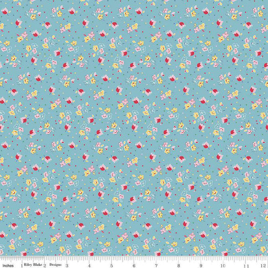 Image of the Simple Pleasures Calico Sweet Rose Aqua quilting cotton fabric by American Jane Riley Blake Designs. Features flowers on a blue background. Cute Little Fabric Shop