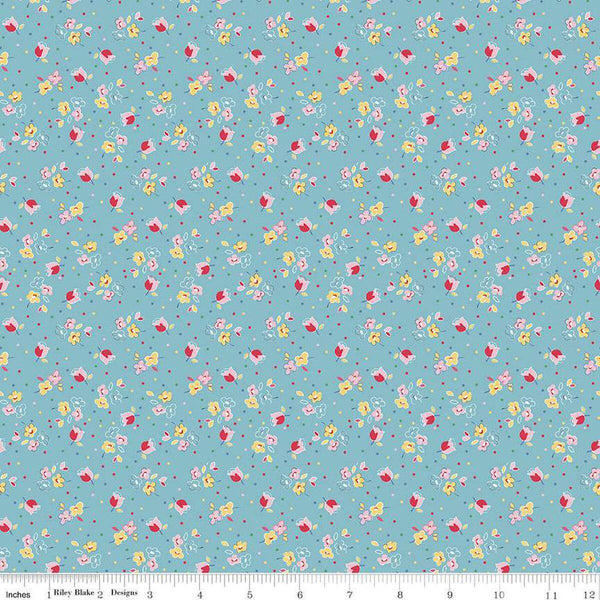 Image of the Simple Pleasures Calico Sweet Rose Aqua quilting cotton fabric by American Jane Riley Blake Designs. Features flowers on a blue background. Cute Little Fabric Shop