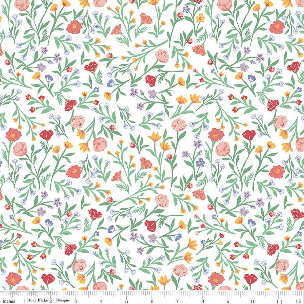 Image of the Simple Pleasures Scattered Vine White quilting cotton fabric by American Jane Riley Blake Designs. Features flowers on a white background. Cute Little Fabric Shop