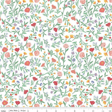 Image of the Simple Pleasures Scattered Vine White quilting cotton fabric by American Jane Riley Blake Designs. Features flowers on a white background. Cute Little Fabric Shop