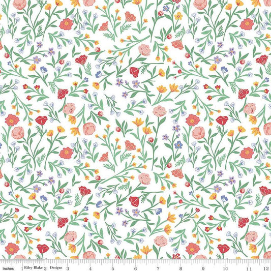 Image of the Simple Pleasures Scattered Vine White quilting cotton fabric by American Jane Riley Blake Designs. Features flowers on a white background. Cute Little Fabric Shop