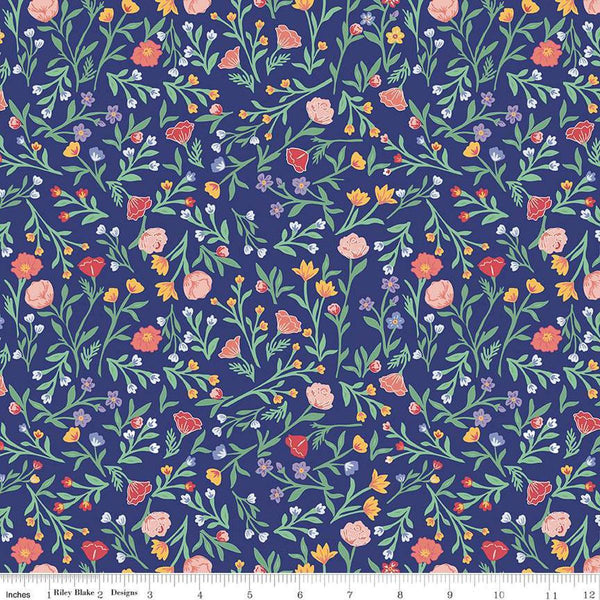 Image of the Simple Pleasures Scattered Vine Navy quilting cotton fabric by American Jane Riley Blake Designs. Features flowers on a navy background. Cute Little Fabric Shop