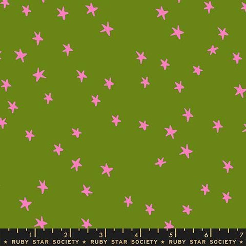 Image of the Starry New Blender Stars Sprout quilting cotton fabric by Ruby Star Society for Moda Fabrics. Features small stars on a green background. Cute Little Fabric Shop