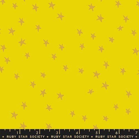 Image of the Starry New Blender Stars Golden Hour quilting cotton fabric by Ruby Star Society for Moda Fabrics. Features small stars on a yellow background. Cute Little Fabric Shop