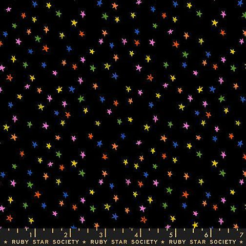 Image of the Mini Starry New Blender Stars Vivid Rainbow quilting cotton fabric by Ruby Star Society for Moda Fabrics. Features small stars on a black background. Cute Little Fabric Shopc