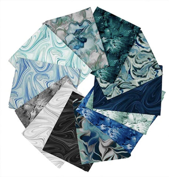 Virtuoso Fat Quarter Bundle 12 pieces - QT Fabrics - Pre cut Precut - Ocean Paint Marble Abstract - Quilting Cotton Fabric