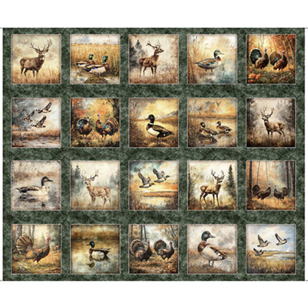 Forest, Field and Stream Wildlife Picture Patches Panel 31406 Pine F - by QT Fabrics -Hunting Outdoors Wildlife - Quilting Cotton Fabric