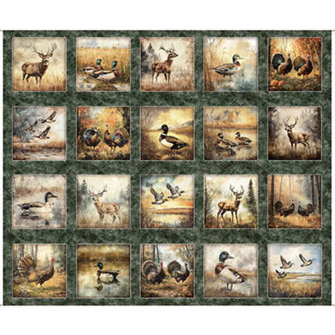 Forest, Field and Stream Wildlife Picture Patches Panel 31406 Pine F - by QT Fabrics -Hunting Outdoors Wildlife - Quilting Cotton Fabric
