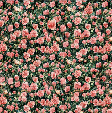 Image of the Earthly Delights Roses Pink quilting cotton fabric by Dan Morris for QT Fabrics. Features flowers on a green background. Cute Little Fabric Shop