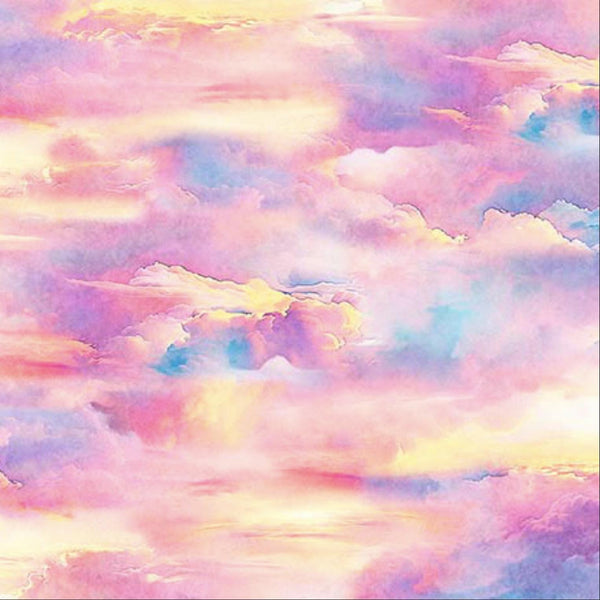 Image of the Earthly Delights Sunset Pink quilting cotton fabric by Dan Morris for QT Fabrics. Features clouds on a pink background. Cute Little Fabric Shop