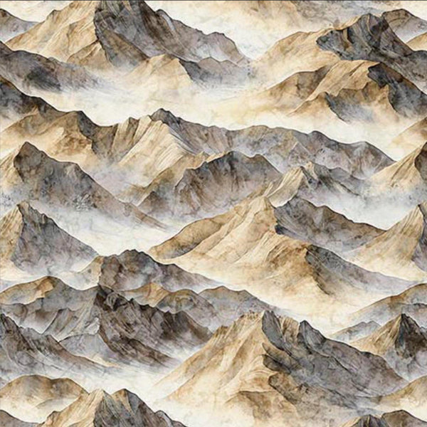 Image of the Earthly Delights Mountain Peaks Tan quilting cotton fabric by Dan Morris for QT Fabrics. Features mountains on a tan background. Cute Little Fabric Shop