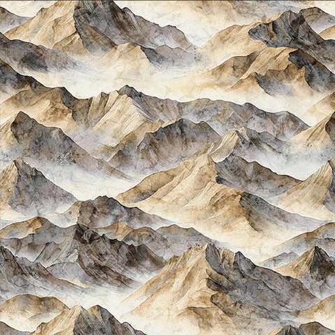 Image of the Earthly Delights Mountain Peaks Tan quilting cotton fabric by Dan Morris for QT Fabrics. Features mountains on a tan background. Cute Little Fabric Shop