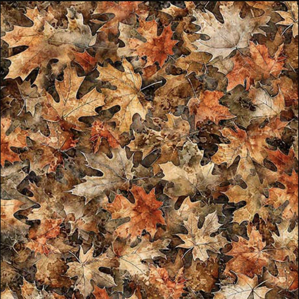 Image of the Earthly Delights Maple Leaves Brown quilting cotton fabric by Dan Morris for QT Fabrics. Features leaves on a brown background. Cute Little Fabric Shop