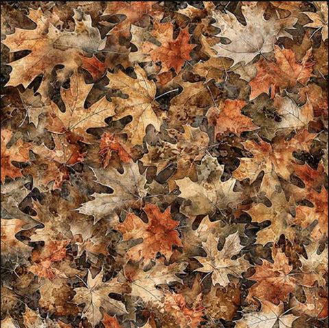 Image of the Earthly Delights Maple Leaves Brown quilting cotton fabric by Dan Morris for QT Fabrics. Features leaves on a brown background. Cute Little Fabric Shop