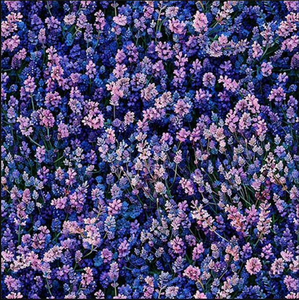 Image of the Earthly Delights Lavender Lavendar quilting cotton fabric by Dan Morris for QT Fabrics. Features flowers on a purple background. Cute Little Fabric Shop