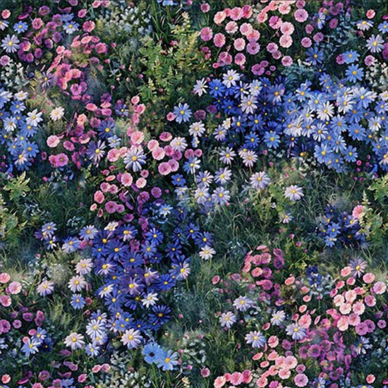 Image of the Earthly Delights Mixed Daisies Multi quilting cotton fabric by Dan Morris for QT Fabrics. Features flowers on a green background. Cute Little Fabric Shop