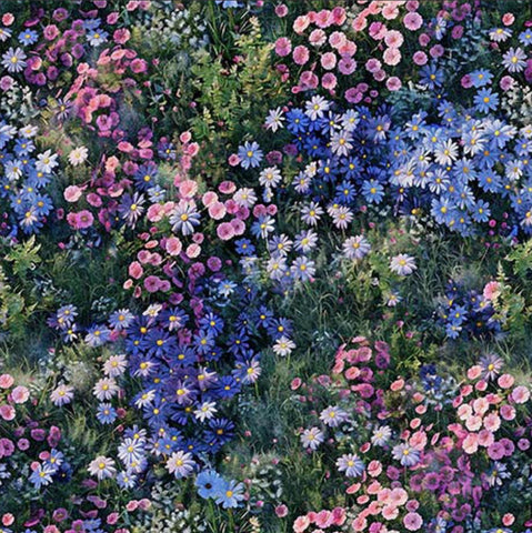 Image of the Earthly Delights Mixed Daisies Multi quilting cotton fabric by Dan Morris for QT Fabrics. Features flowers on a green background. Cute Little Fabric Shop