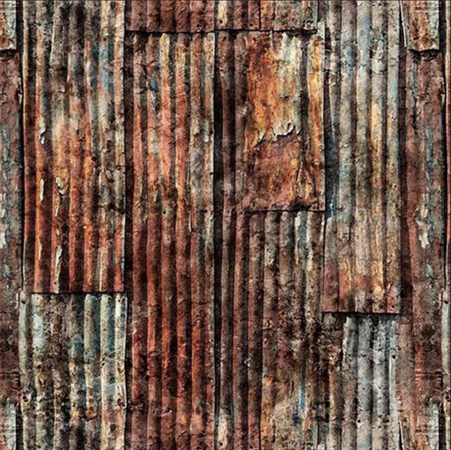 Image of the Earthly Delights Metal Cladding Multi quilting cotton fabric by Dan Morris for QT Fabrics. Features metal on a brown background. Cute Little Fabric Shop