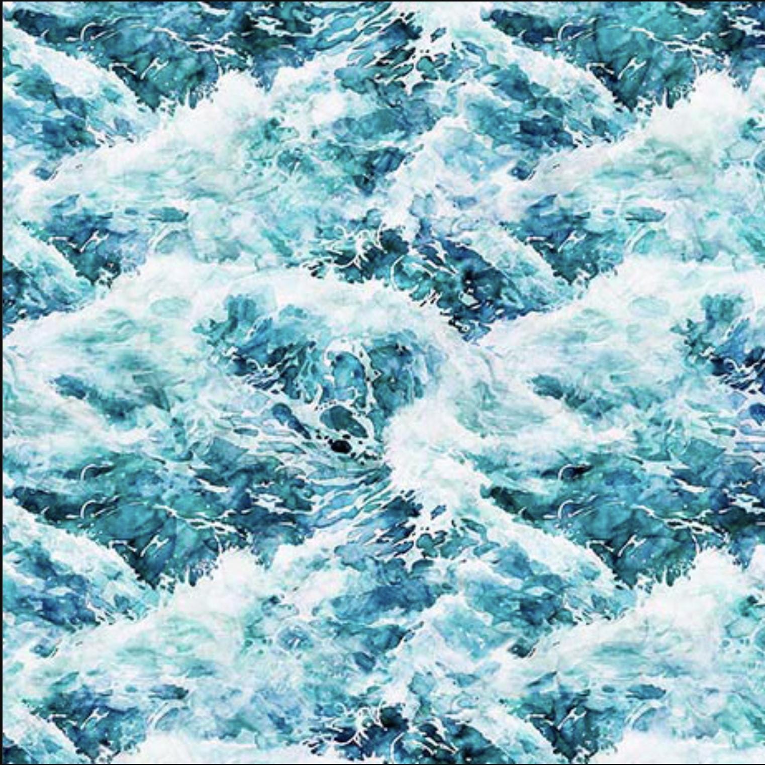 Image of the Earthly Delights Whitewater Turquoise quilting cotton fabric by Dan Morris for QT Fabrics. Features water on a blue background. Cute Little Fabric Shop