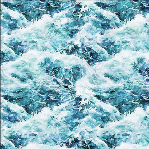 Image of the Earthly Delights Whitewater Turquoise quilting cotton fabric by Dan Morris for QT Fabrics. Features water on a blue background. Cute Little Fabric Shop
