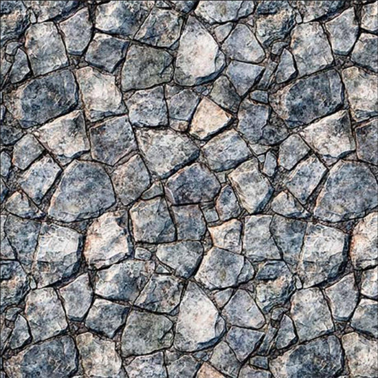 Image of the Earthly Delights Bluestone Wall Blue quilting cotton fabric by Dan Morris for QT Fabrics. Features rocks on a gray background. Cute Little Fabric Shop