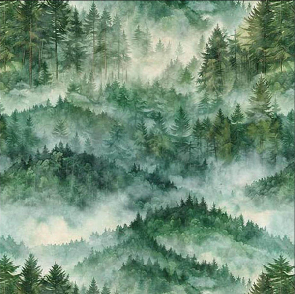 Image of the Earthly Delights Pine Mountains Green quilting cotton fabric by Dan Morris for QT Fabrics. Features mountains on a green background. Cute Little Fabric Shop