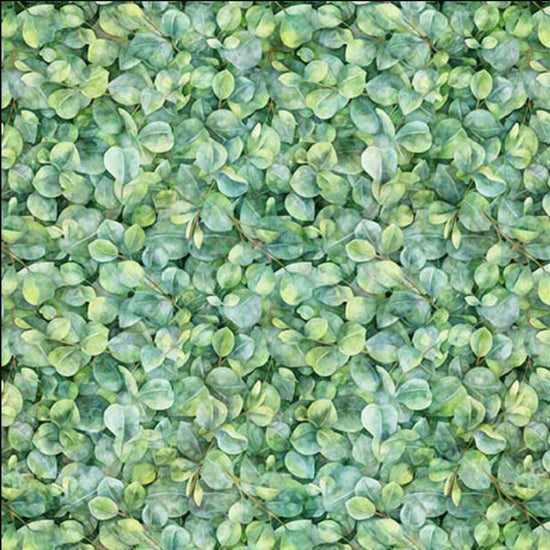 Image of the Earthly Delights Small Leaves Light Green quilting cotton fabric by Dan Morris for QT Fabrics. Features leaves on a green background. Cute Little Fabric Shop