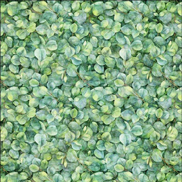Image of the Earthly Delights Small Leaves Light Green quilting cotton fabric by Dan Morris for QT Fabrics. Features leaves on a green background. Cute Little Fabric Shop