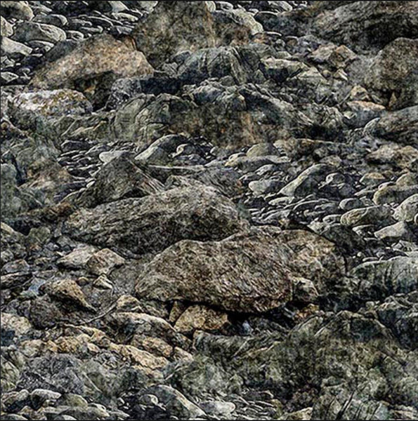 Image of the Earthly Delights Rocky Landscape Charcoal quilting cotton fabric by Dan Morris for QT Fabrics. Features rocks on a gray background. Cute Little Fabric Shop