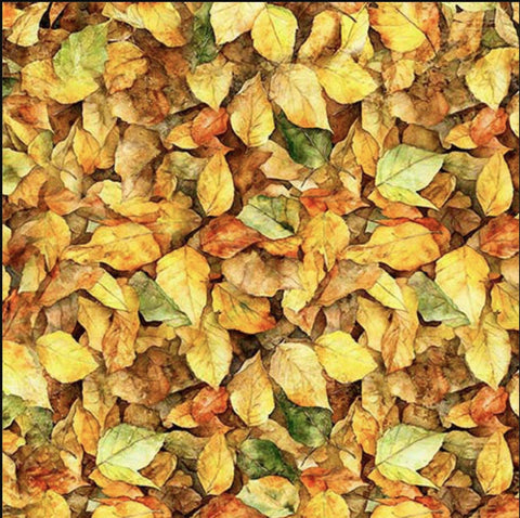Image of the Earthly Delights Leaves Yellow quilting cotton fabric by Dan Morris for QT Fabrics. Features leaves on a yellow background. Cute Little Fabric Shop