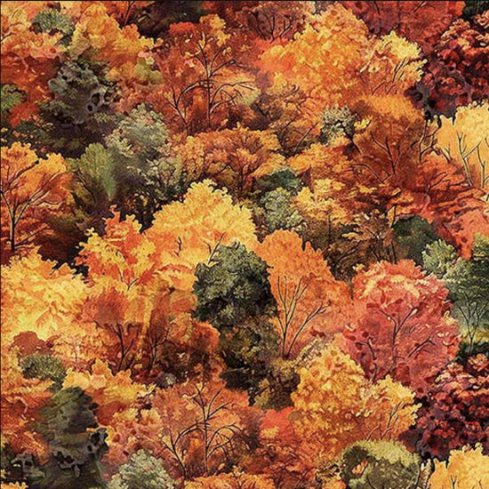 Image of the Earthly Delights Fall Foliage Orange Red quilting cotton fabric by Dan Morris for QT Fabrics. Features leaves on an orange background. Cute Little Fabric Shop