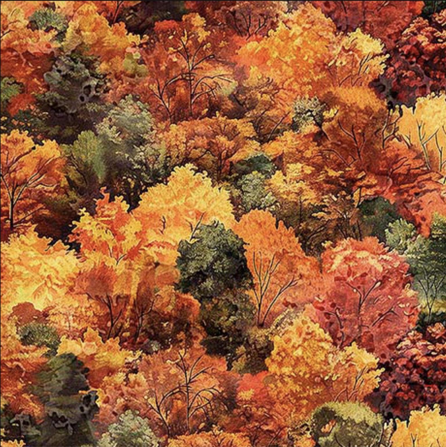 Image of the Earthly Delights Fall Foliage Orange Red quilting cotton fabric by Dan Morris for QT Fabrics. Features leaves on an orange background. Cute Little Fabric Shop