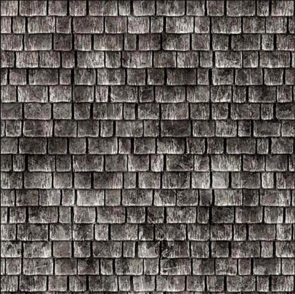 Image of the Earthly Delights Shingles Charcoal quilting cotton fabric by Dan Morris for QT Fabrics. Features shingles on a gray background. Cute Little Fabric Shop