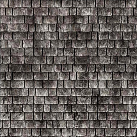 Image of the Earthly Delights Shingles Charcoal quilting cotton fabric by Dan Morris for QT Fabrics. Features shingles on a gray background. Cute Little Fabric Shop