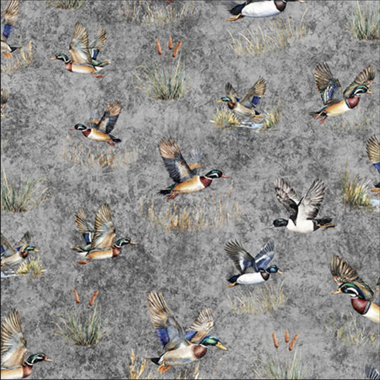 Image of the Forest, Field, and Stream Ducks Smoke quilting cotton fabric. Features ducks on a gray background. Cute Little Fabric Shop