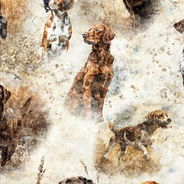 Image of the Forest, Field, and Stream Hunting Dogs Cream quilting cotton fabric. Features dogs on a beige background. Cute Little Fabric Shop