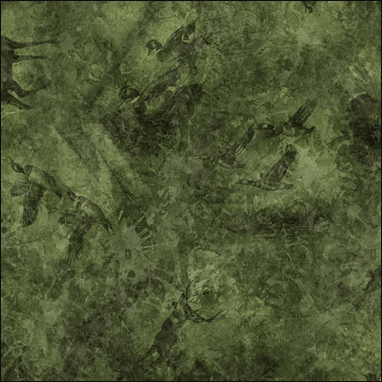 Image of the Forest, Field, and Stream Wildlife Tonal Pine quilting cotton fabric. Features animals on a green background. Cute Little Fabric Shop