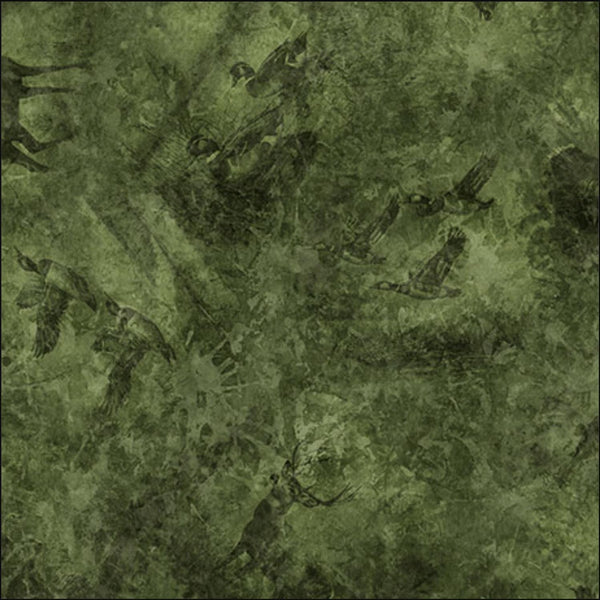 Image of the Forest, Field, and Stream Wildlife Tonal Pine quilting cotton fabric. Features animals on a green background. Cute Little Fabric Shop