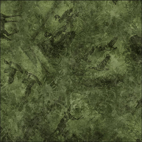 Image of the Forest, Field, and Stream Wildlife Tonal Pine quilting cotton fabric. Features animals on a green background. Cute Little Fabric Shop