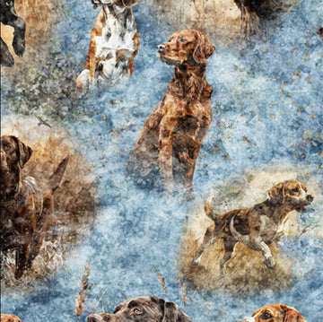 Image of the Forest, Field, and Stream Hunting Dogs Blue quilting cotton fabric. Features dogs on a blue background. Cute Little Fabric Shop