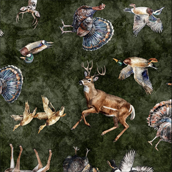 Image of the Forest, Field, and Stream Wildlife Toss Pine quilting cotton fabric. Features animals on a green background. Cute Little Fabric Shop