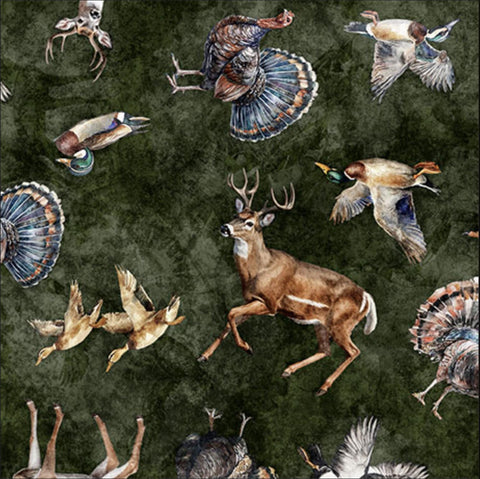 Image of the Forest, Field, and Stream Wildlife Toss Pine quilting cotton fabric. Features animals on a green background. Cute Little Fabric Shop