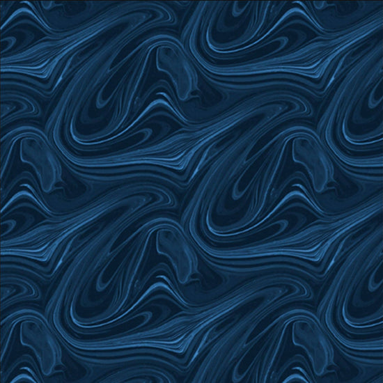 Image of the Virtuoso Marble Navy quilting cotton fabric by Ocllo Mason for QT Fabrics. Features swirled blue, black, and gray paint. Cute Little Fabric Shop