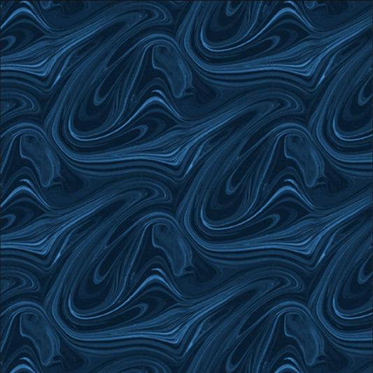 Image of the Virtuoso Marble Navy quilting cotton fabric by Ocllo Mason for QT Fabrics. Features swirled blue, black, and gray paint. Cute Little Fabric Shop