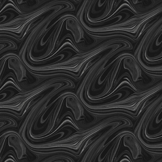 Image of the Virtuoso Marble Black quilting cotton fabric by Ocllo Mason for QT Fabrics. Features swirled gray and black paint. Cute Little Fabric Shop