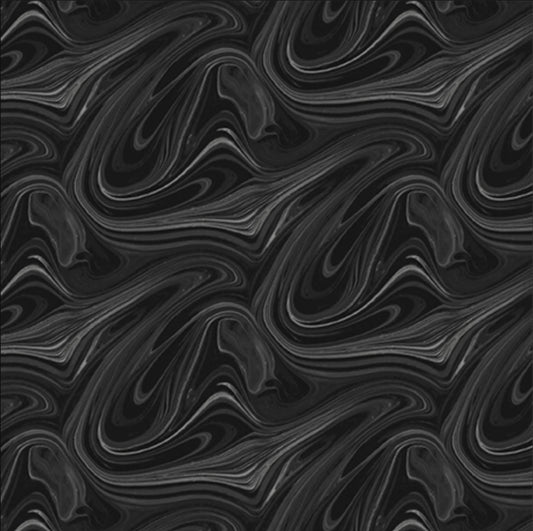 Image of the Virtuoso Marble Black quilting cotton fabric by Ocllo Mason for QT Fabrics. Features swirled gray and black paint. Cute Little Fabric Shop