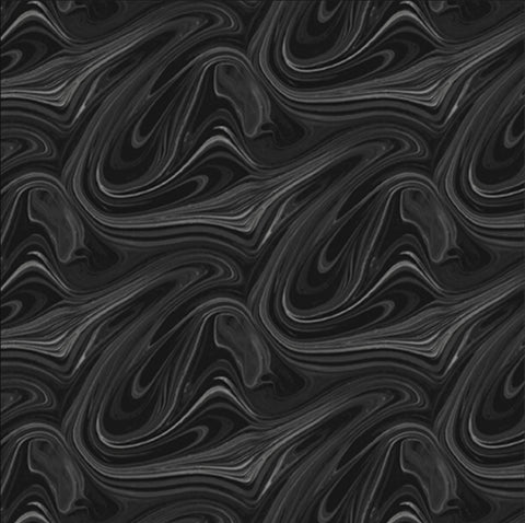Image of the Virtuoso Marble Black quilting cotton fabric by Ocllo Mason for QT Fabrics. Features swirled gray and black paint. Cute Little Fabric Shop