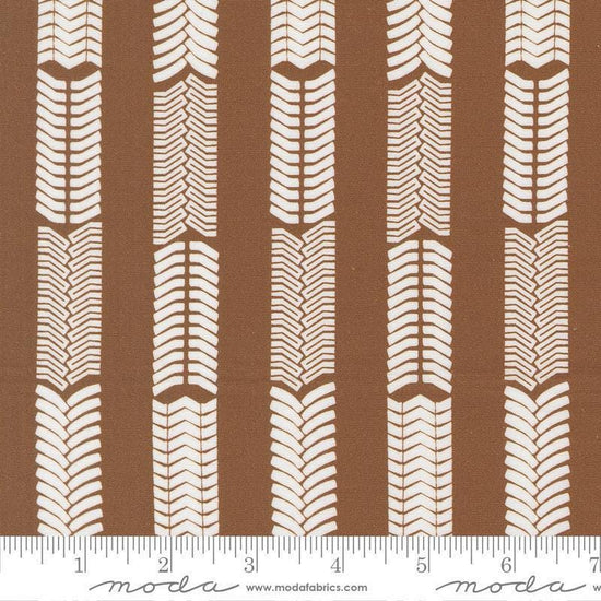 Image of the For My Boys Oliver Tracks Coco quilting cotton fabric by Sewn By Amy Schelle for Moda Fabrics. Features stripes on a brown background. Cute Little Fabric Shop